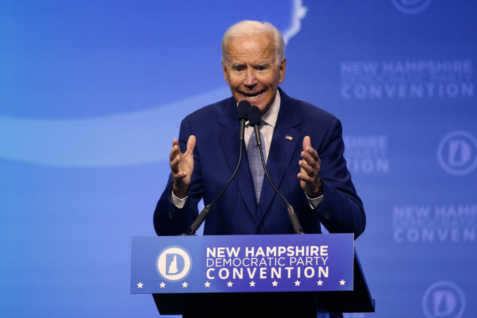 Democratic presidential candidate former Vice President Joe Biden speaks during the New Hampshire state Democratic Party convention, Saturday, Sept. 7, 2019, in Manchester, NH. (AP Photo/Robert F. Bukaty)