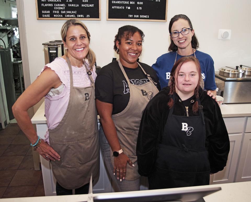 The staff of the Boundless Bean coffee shop which opened in late May of 2023. Starting at left, Kara Tait of Brockton, Kayla Hanson of Hanson, owner/manager Elena Hogan, and in front, Sophia Hogan of Easton, pictured on Thursday, August 30, 2023.