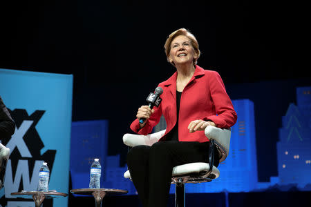 U.S. Senator Elizabeth Warren speaks about her policy ideas with Anand Giridharadas at the South by Southwest (SXSW) conference and festivals in Austin, Texas, U.S., March 9, 2019. REUTERS/Sergio Flores