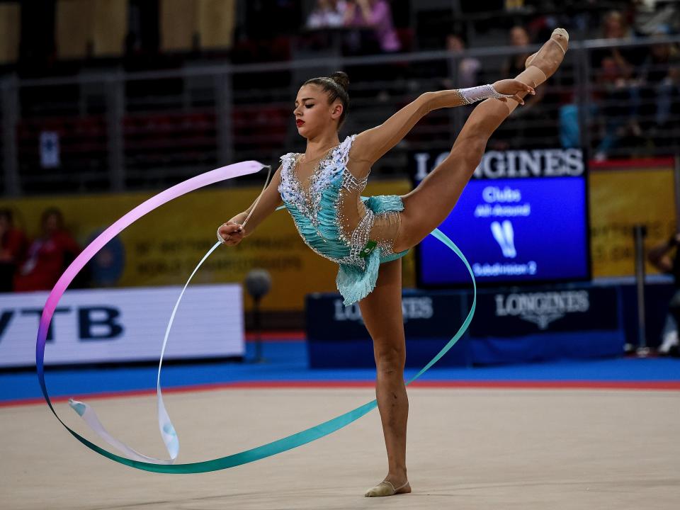 Russia's Aleksandra Soldatova performs during the individual all-around final at the World Rhythmic Gymnastics Championships at Arena Armeec in Sofia on September 14, 2018. (Photo by Dimitar DILKOFF / AFP)        (Photo credit should read DIMITAR DILKOFF/AFP via Getty Images)