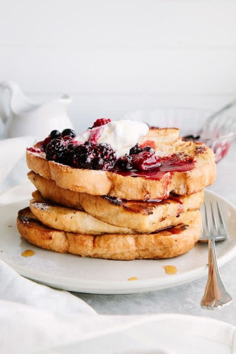 <p>This beauty — stained a deep magenta thanks to juicy blackberries — proves you don't need eggs or dairy for decadent French toast.</p><p><em><a href="http://wallflowerkitchen.com/easy-vegan-french-toast/" rel="nofollow noopener" target="_blank" data-ylk="slk:Get the recipe from Wallflower Kitchen »;elm:context_link;itc:0;sec:content-canvas" class="link ">Get the recipe from Wallflower Kitchen »</a></em></p>