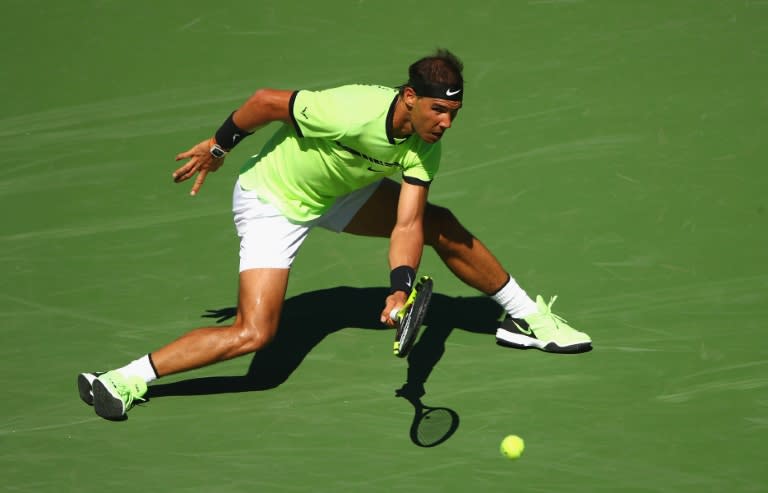 Rafael Nadal of Spain plays a forehand against Guido Pella of Argentina during their BNP Paribas Open second round match, at Indian Wells Tennis Garden in California, on March 12, 2017