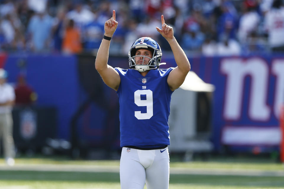 New York Giants kicker Graham Gano reacts after kicking a field goal during the second half an NFL football game against the Carolina Panthers, Sunday, Sept. 18, 2022, in East Rutherford, N.J. (AP Photo/John Munson)