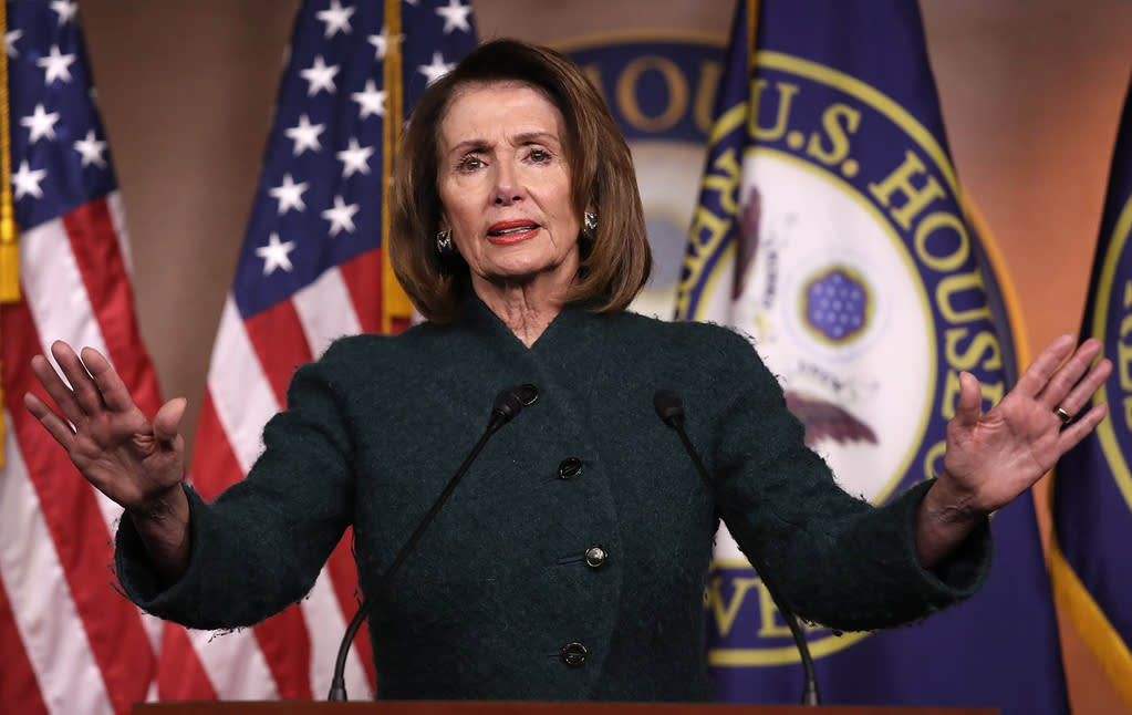 House Minority Leader Nancy Pelosi, at the U.S. Capitol, answers questions on the possibility of a government shutdown. (Photo: Win McNamee/Getty Images)