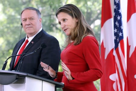 Canada's Foreign Minister Freeland speaks during a news conference with U.S. Secretary of State Pompeo in Ottawa