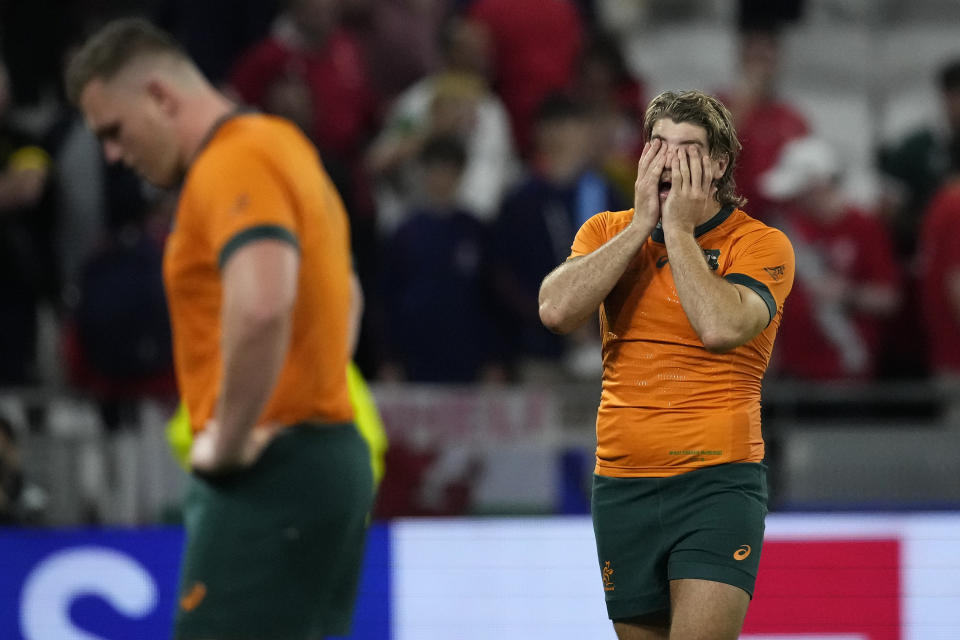 Australia's Fraser McReight reacts after the Rugby World Cup Pool C match between Wales and Australia at the OL Stadium in Lyon, France, Sunday, Sept. 24, 2023. Wales won the match 40-6. (AP Photo/Christophe Ena)