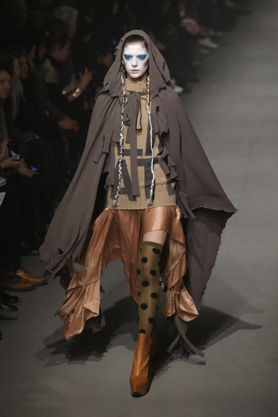 A model wears a creation by designer Vivienne Westwood for her Fall/Winter 2013-2014 ready to wear collection, in Paris, Saturday, March 2, 2013. (AP Photo/Christophe Ena)