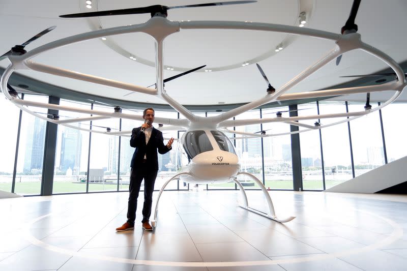 FILE PHOTO: Florian Reuter, CEO of German startup Volocopter, speaks to the media in Singapore