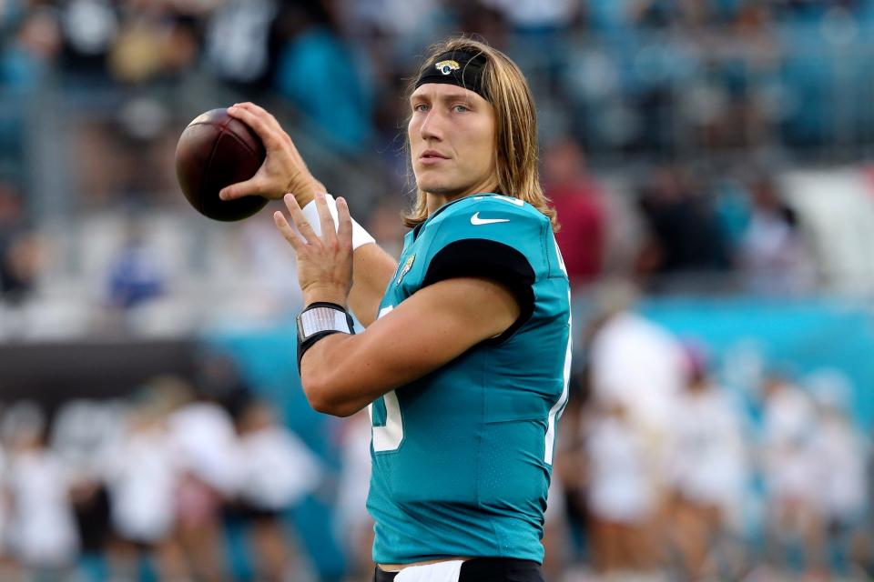 Jacksonville Jaguars quarterback Trevor Lawrence (16) warms up during the first half of an NFL preseason football game against the Pittsburgh Steelers, Saturday, Aug. 20, 2022, in Jacksonville, Fla.