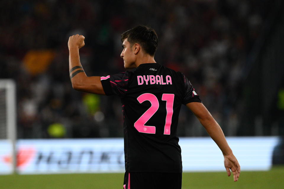 Paulo Dybala (AS Roma) celebrates after scoring goal 1-0 during the UEFA Europa League 2022-2023 football match between AS Roma and HJK Helsinki at The Olympic Stadium in Rome on September 15, 2022. (Photo by Fabrizio Corradetti/LiveMedia/NurPhoto via Getty Images)