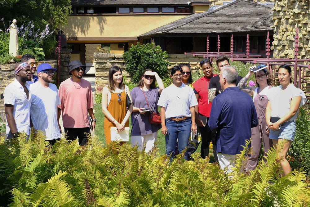 Fred Prozzillo, vice president of preservation at the Frank Lloyd Wright Foundation, welcomes "Top Chef" contestants to Taliesin in Spring Green.