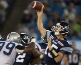 Toronto Argonauts quarterback Ricky Ray (15) throws against the Montreal Alouettes during first half CFL pre-season action in Toronto on Tuesday June 19, 2012. THE CANADIAN PRESS/FRANK GUNN