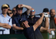 England's Paul Casey plays his shot from the 3rd tee during the first round British Open Golf Championship at Royal St George's golf course Sandwich, England, Thursday, July 15, 2021. (AP Photo/Alastair Grant)