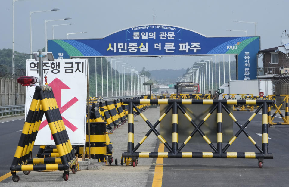 Barricades are placed near the Unification Bridge, which leads to the Panmunjom in the Demilitarized Zone in Paju, South Korea, Wednesday, July 19, 2023. An American soldier who had served nearly two months in a South Korean prison, fled across the heavily armed border into North Korea, U.S. officials said Tuesday, becoming the first American detained in the North in nearly five years. (AP Photo/Ahn Young-joon)