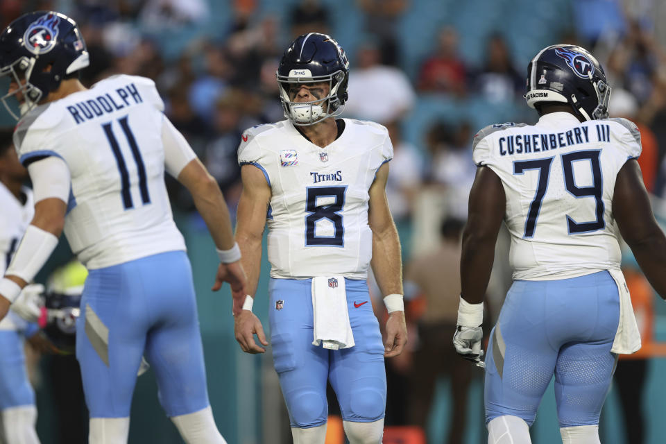 Tennessee Titans quarterback Will Levis left Monday night's game after a hard fall on his shoulder. (AP Photo/Brennan Asplen)