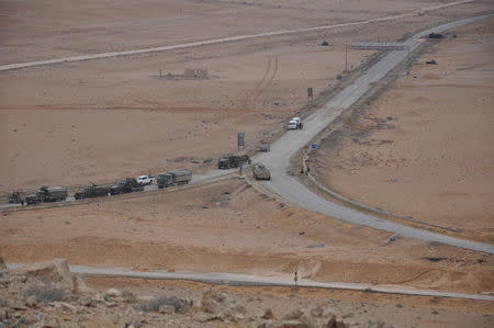 Forces loyal to Syria's President Bashar al-Assad ride in military vehicles on the edge of Palmyra, March 2, 2017. SANA/Handout via REUTERS