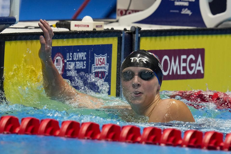 Katie Ledecky reacts after winning the Women's 400 freestyle finals heat Saturday, June 15, 2024, at the US Swimming Olympic Trials in Indianapolis. (AP Photo/Michael Conroy)