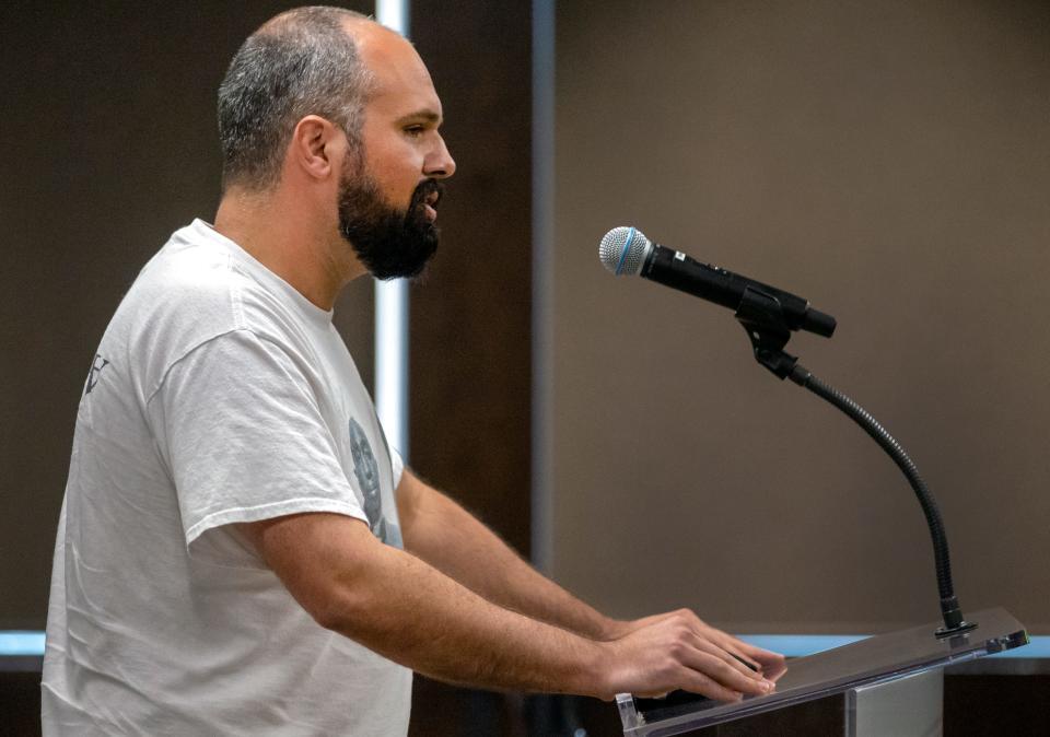 Jess Eddy makes a public comment at the start of the Oklahoma County Jail Trust meeting on Aug. 16.