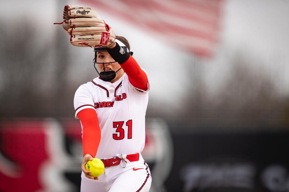 Ball State softball's Angelina Russo pitching in the team's game against Northern Illinois at First Merchant's Ballpark on Tuesday, March 28, 2023.