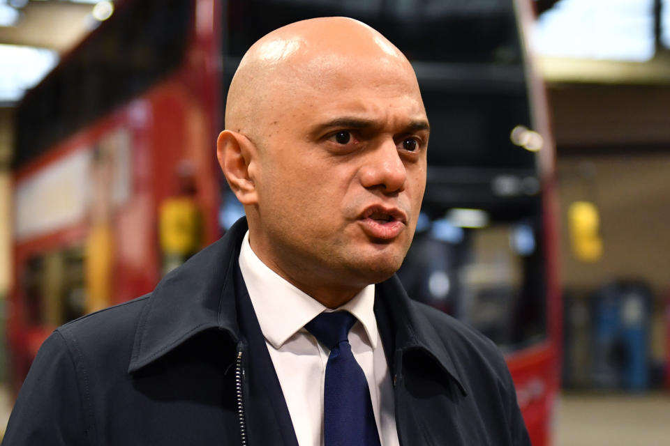 Chancellor of the Exchequer Sajid Javid during a visit to Birmingham Central Bus Garage.