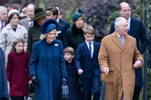 <p>Samir Hussein/WireImage</p> King Charles, Queen Camilla, Princess Charlotte, Prince Louis and Prince George on Dec. 25, 2022