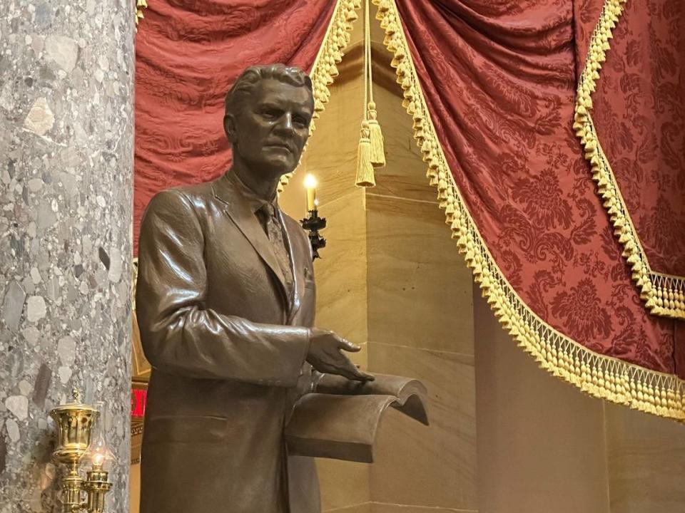 A statue of Billy Graham becomes part of the Statuary Hall Collection in Washington, DC on May 16, 2024.