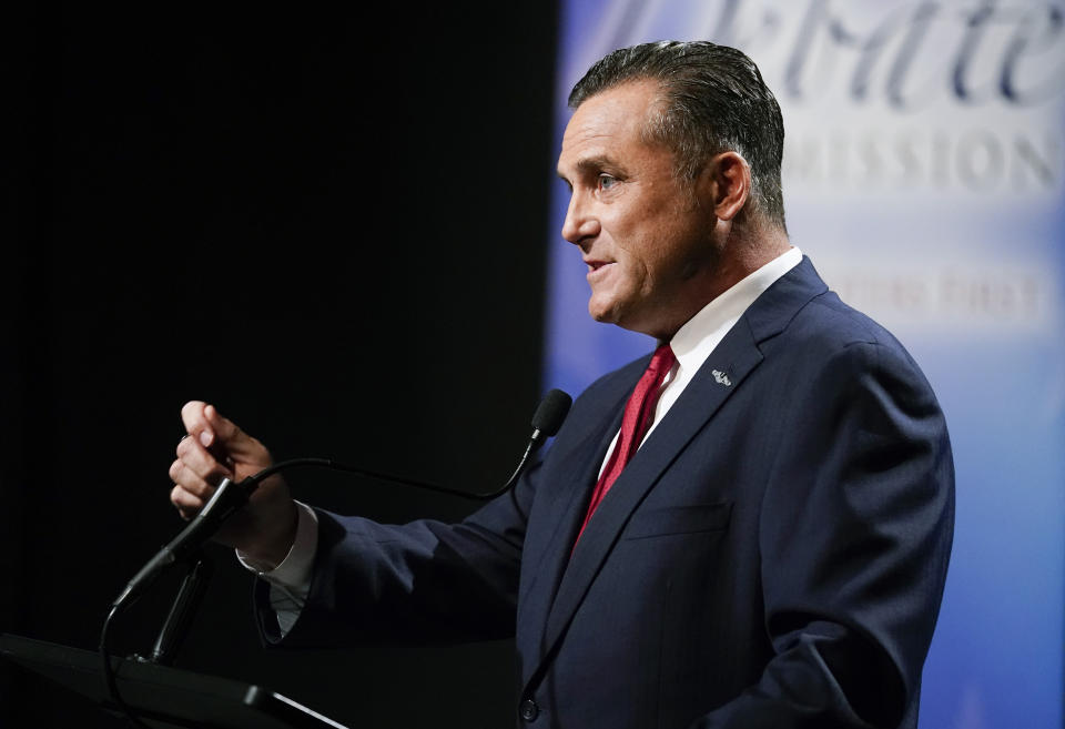 Democrat Thomas McDermott speaks during a U.S. Senate debate, Sunday, Oct. 16, 2022, in Indianapolis. (AP Photo/Darron Cummings, Pool)