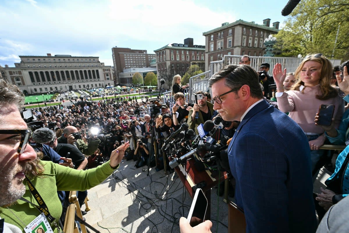 Mike Johnson was repeatedly booed as he spoke at Columbia University (AFP via Getty Images)