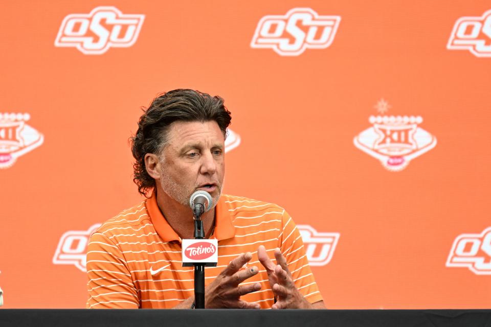 Jul 9, 2024; Las Vegas, NV, USA; Oklahoma State Cowboys head coach Mike Gundy speaks to the media during the Big 12 Media Days at Allegiant Stadium. Mandatory Credit: Candice Ward-USA TODAY Sports