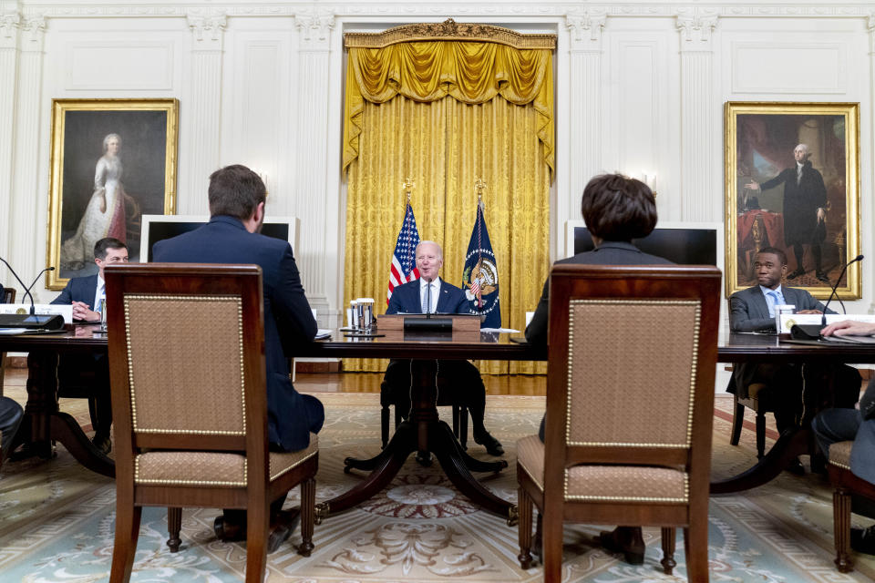 President Joe Biden speaks at a meeting with his Competition Council on the economy and prices in the East Room of the White House in Washington, Wednesday, Feb. 1, 2023. (AP Photo/Andrew Harnik)