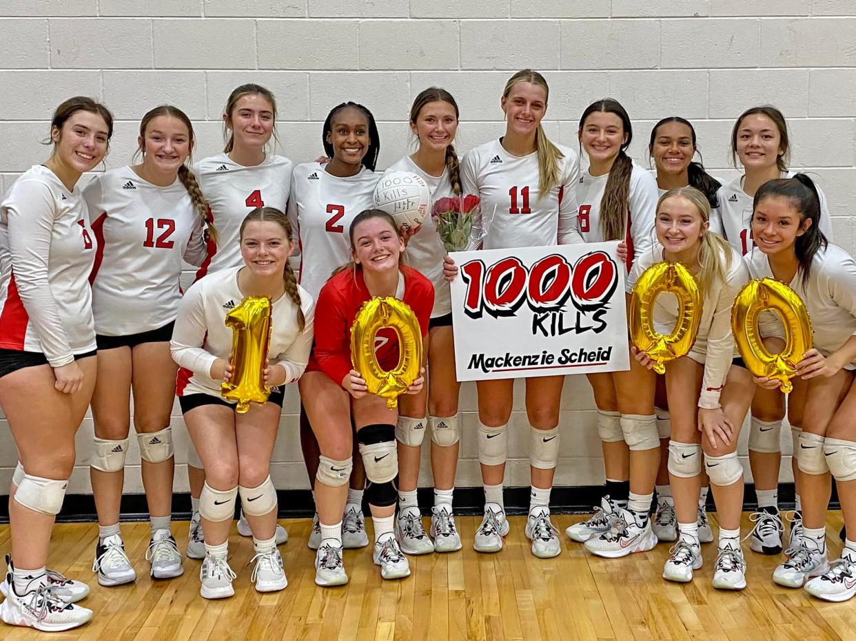 Coldwater senior Mackenzie Scheid (11) recorded career kill number 1000 during the Cardinals weekend at Eaton Rapids.