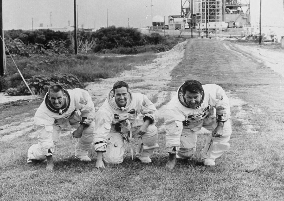 Apollo 7 astronauts, (L-R) Walter Cunningham, Donn Eisele, and Walter Schirra, at Cape Kennedy. (Photo by Al Fenn/Getty Images)