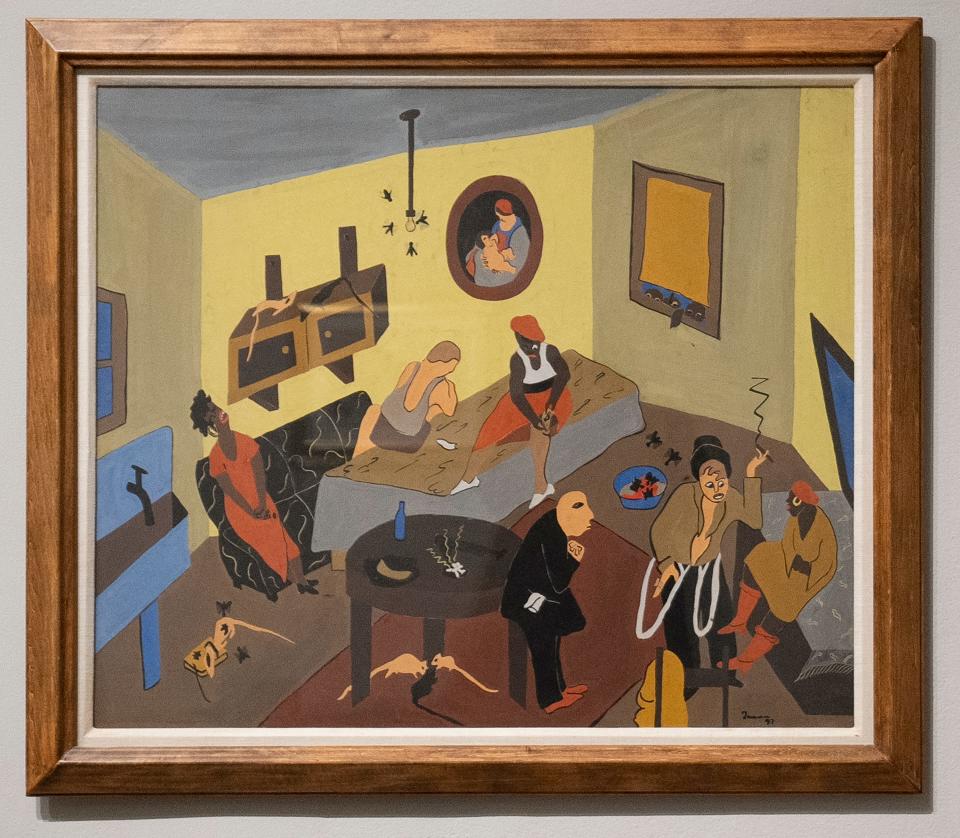 Jacob Lawrence, "Interior Scene," 1937, tempera on kraft paper mounted on board. Museum purchase, Derby Fund, from the Philip J. and Suzanne Schiller Collection of American Social Collection of American Social Commentary Art, 1930-1970.