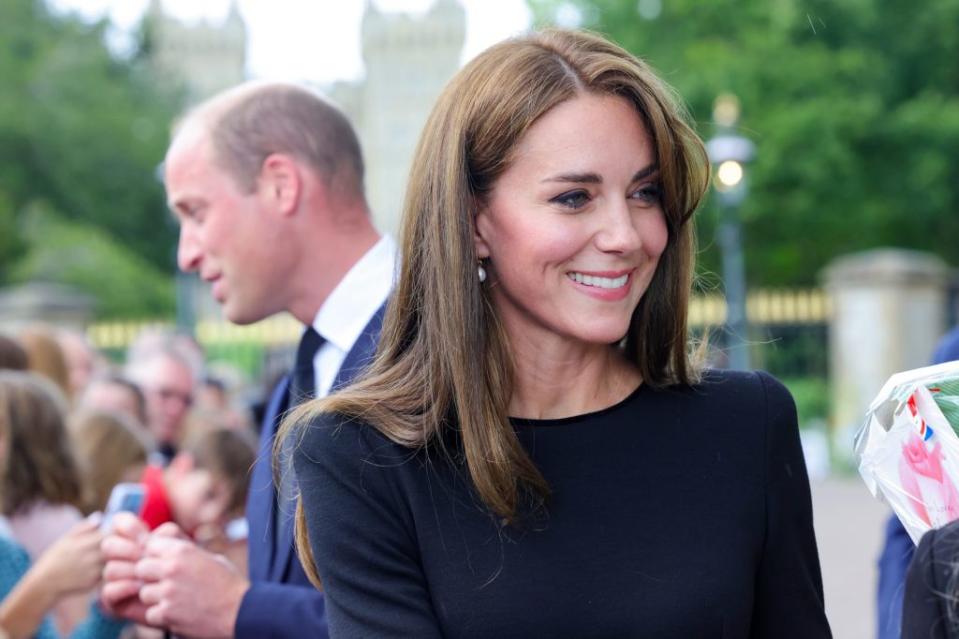 The Prince and Princess of Wales Accompanied By The Duke And Duchess Of Sussex Greet Wellwishers Outside Windsor Castle