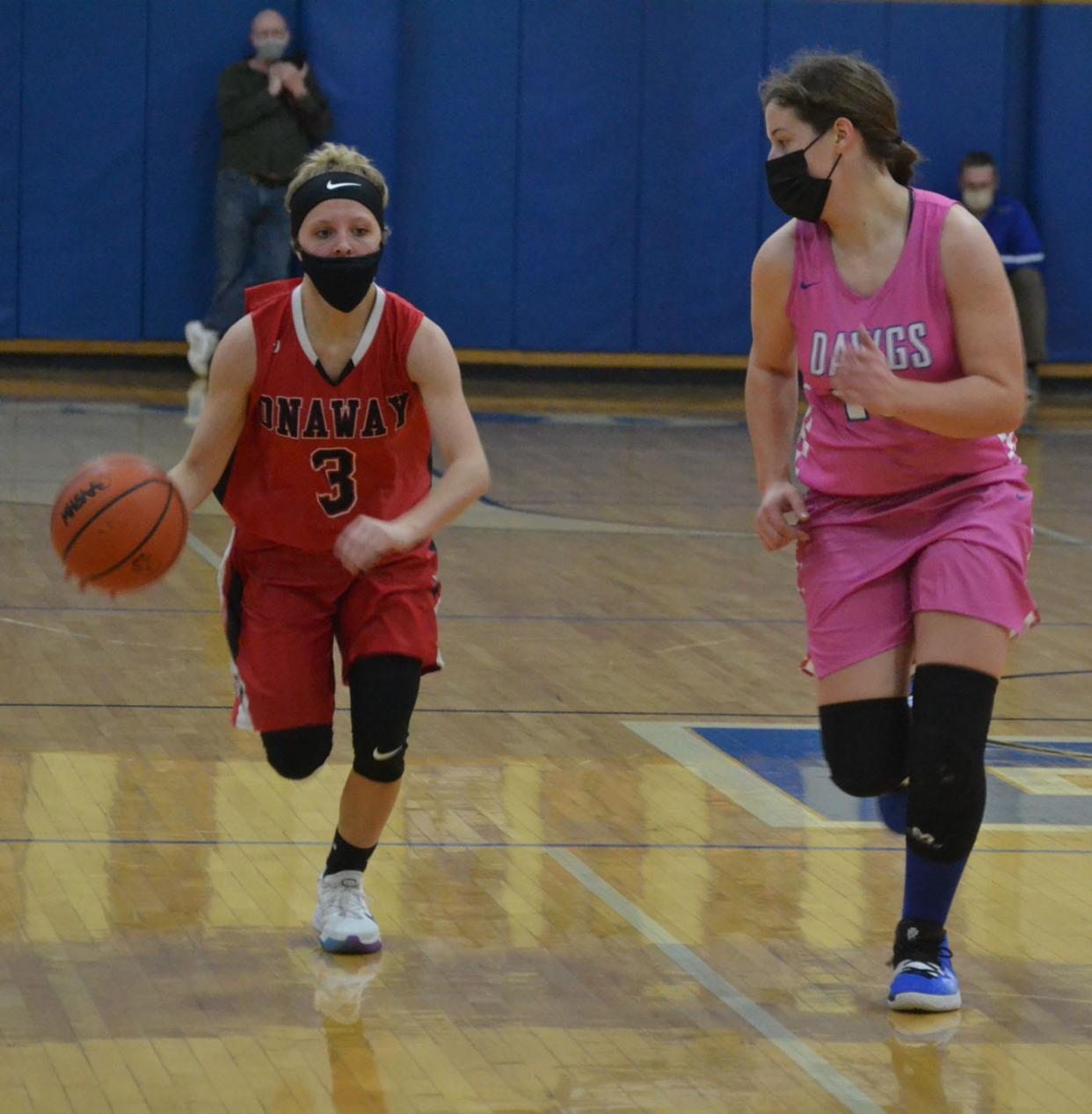 Onaway's Taylor Larson (3) looks to get past Inland Lakes' Natalie Wandrie during a varsity girls basketball matchup from last season. Larson is one of the top returning players for the Lady Cardinals, who are seeking a district championship this campaign.