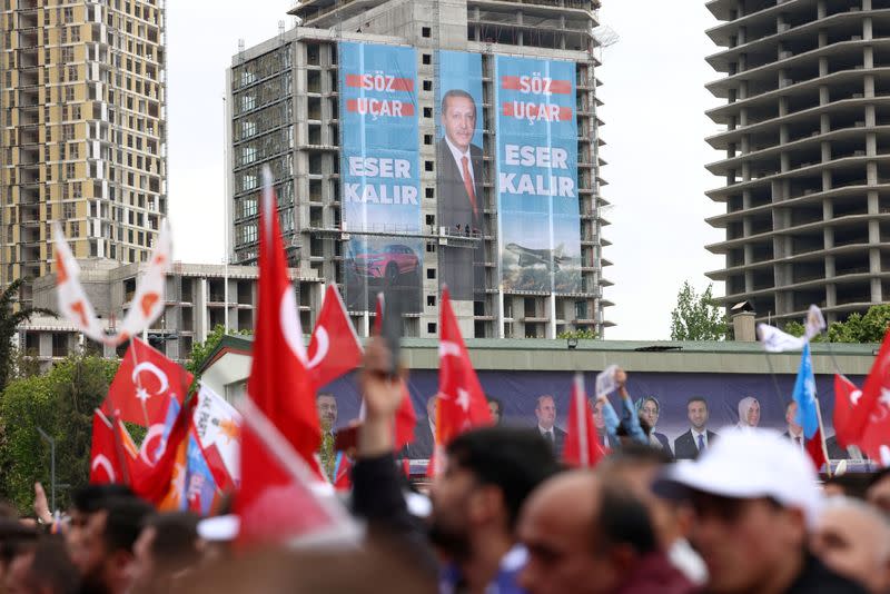 FILE PHOTO: Turkish President Erdogan holds an election rally in Ankara