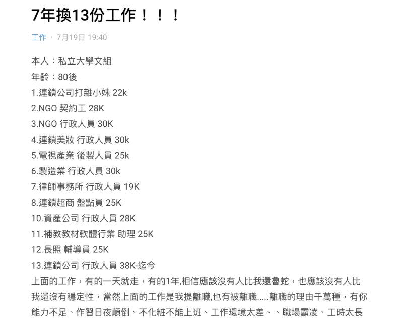 ▲一名網友7年來總共換了13份工作，包含契約工、行政人員、電視產業後製人員、盤點員等，細數之下經歷相當驚人。（圖／翻攝自Dcard）