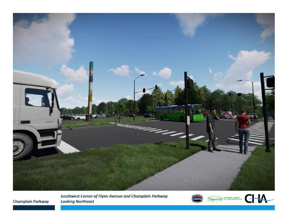 A rendering of the future Champlain Parkway shows the intersection of Flynn Avenue and the parkway near the World's Tallest Filing Cabinet. This section of the parkway is projected to be completed by the end of 2023.