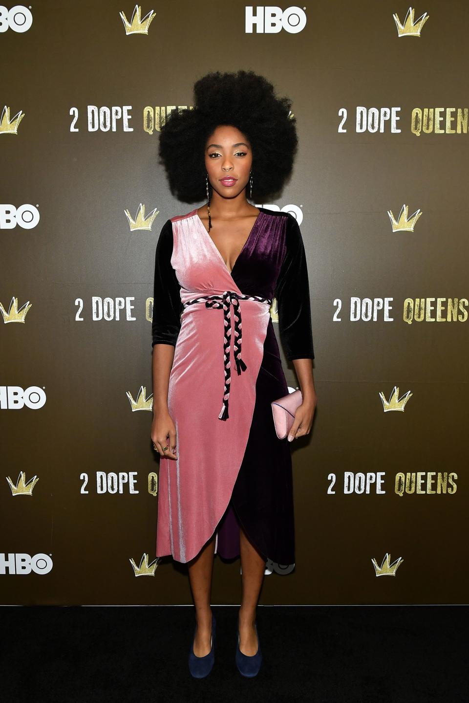 Who: Jessica Williams<br> What: Misa, Tyler Ellis bag<br> Where: At HBO’s <em>2 Dope Queens</em> premiere party, New York City<br> When: January 31, 2018