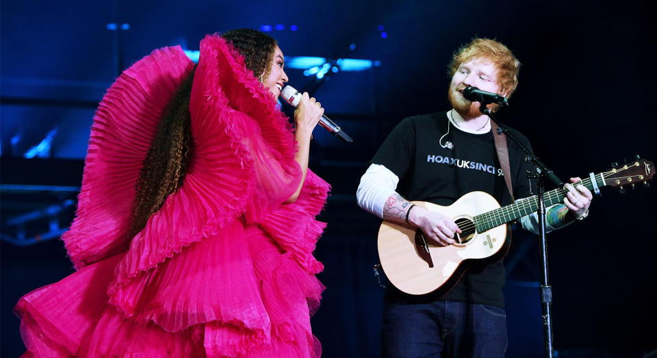 Ed Sheeran’s and Beyoncé’s performance looks couldn’t have been more different. (Photo: Getty Images)