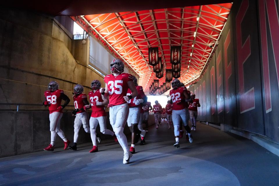 Ohio State linebacker and the team's leading tackler with 40 stops, Tommy Eichenberg (35) leads the Buckeyes on to the field before a 37-3 win over Minnesota.