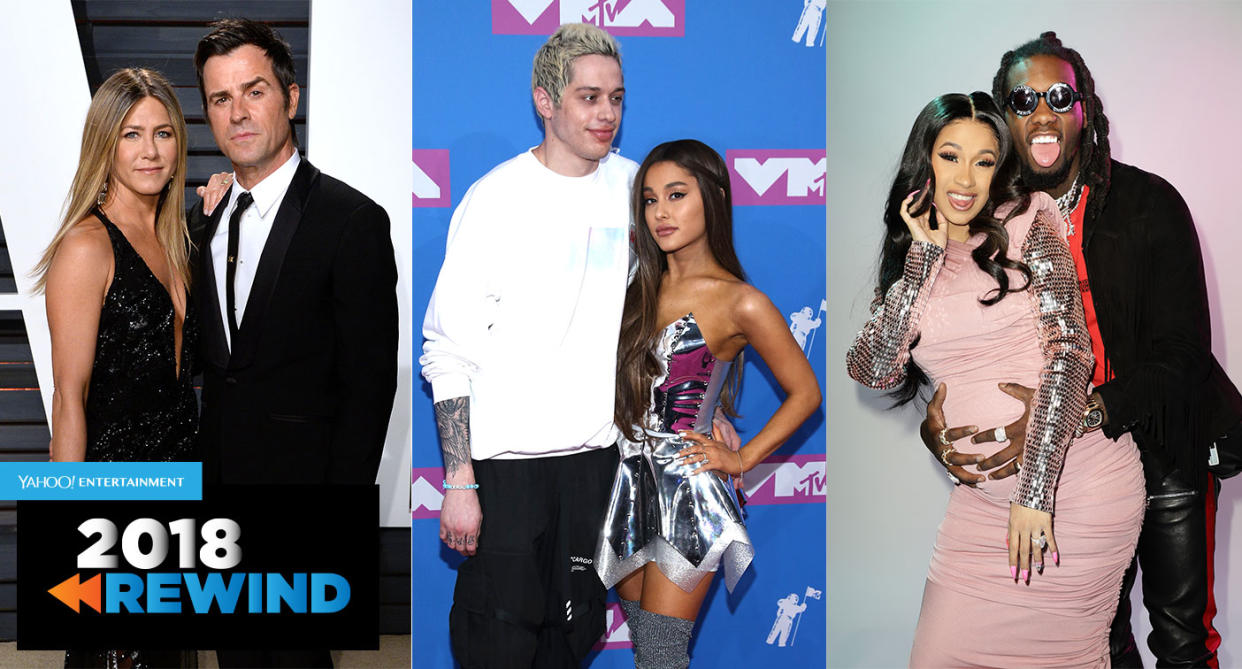 Jennifer Aniston and Justin Theroux; Pete Davidson and Ariana Grande; Cardi B and Offset (Photos: Getty Images)