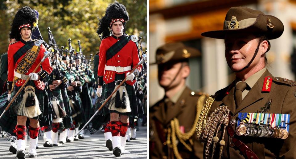 Military officers marching in the Anzac Day parade in Sydney last year.