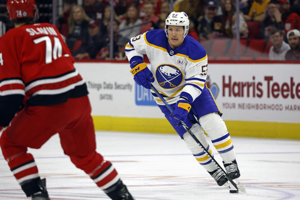 Buffalo Sabres' Jeff Skinner (53) controls the puck against the Carolina Hurricanes during the first period of an NHL hockey game in Raleigh, N.C., Tuesday, Nov. 7, 2023. (AP Photo/Karl B DeBlaker)