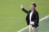 Canada head coach Deb Priestman calls out instructions during the first half of a SheBelieves Cup women's soccer match against Brazil, Wednesday, Feb. 24, 2021, in Orlando, Fla. (AP Photo/Phelan M. Ebenhack)