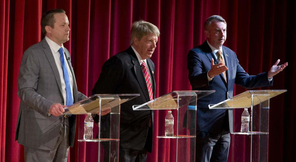 Republican gubernatorial candidates Ed Gillespie, right, Corey Stewart, left, and Frank Wagner, center, debatel in Goochland, Va., April 22, 2017. The three face off in a primary June 13. (Photo: Steve Helber/AP)’