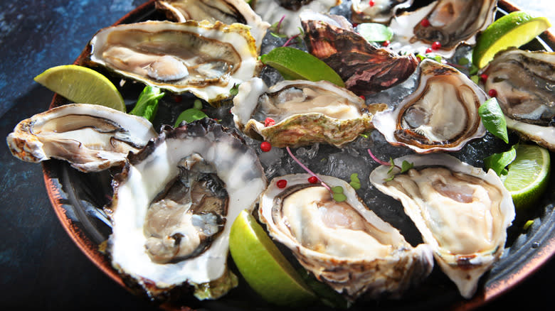 plate of oysters dressed with lime wedges