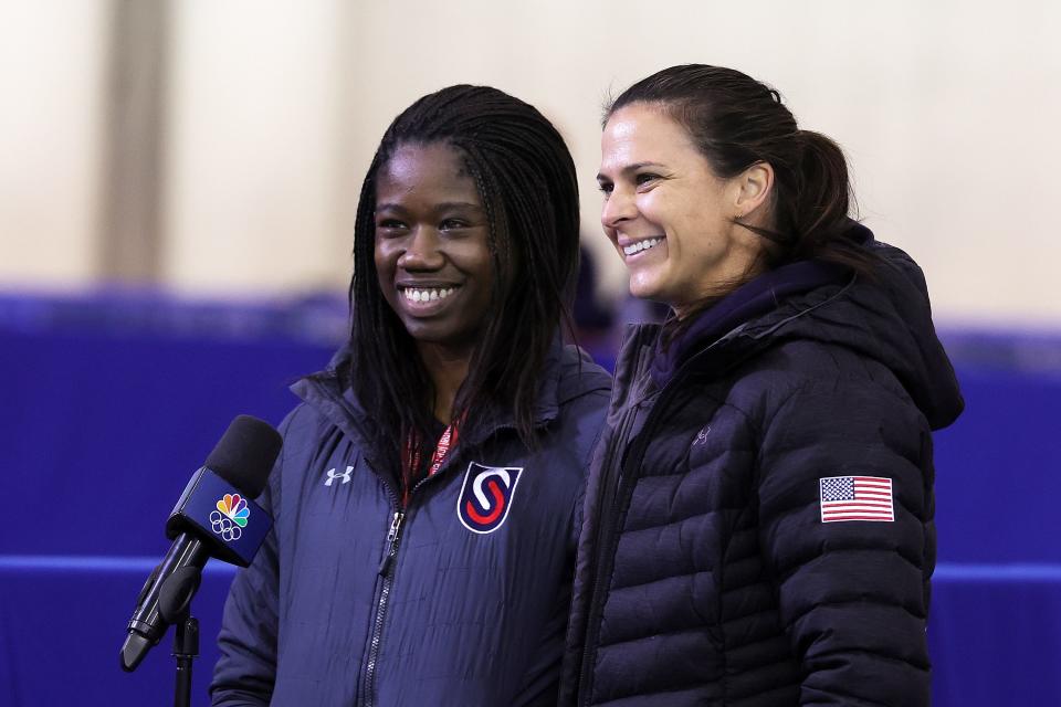 Erin Jackson and Brittany Bowe speak to the media during the U.S. Speedskating Long Track Olympic Trials at Pettit National Ice Center on Jan. 9, 2022.