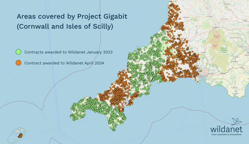 Map of the Project Gigabit contracts across Cornwall