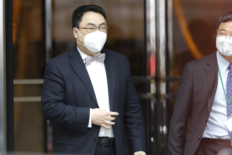 The ambassador of the Permanent Mission of the People's Republic of China to the United Nations, Wang Qun, leaves the 'Grand Hotel Wien' where closed-door nuclear talks with Iran take place in Vienna, Austria, Friday, May 7, 2021. (AP Photo/Lisa Leutner)